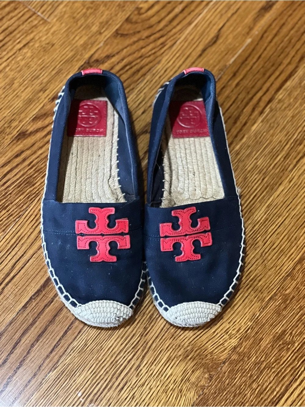 Tory Burch Weston Flat Espadrille Navy Canvas Red Logo Slip On Shoes